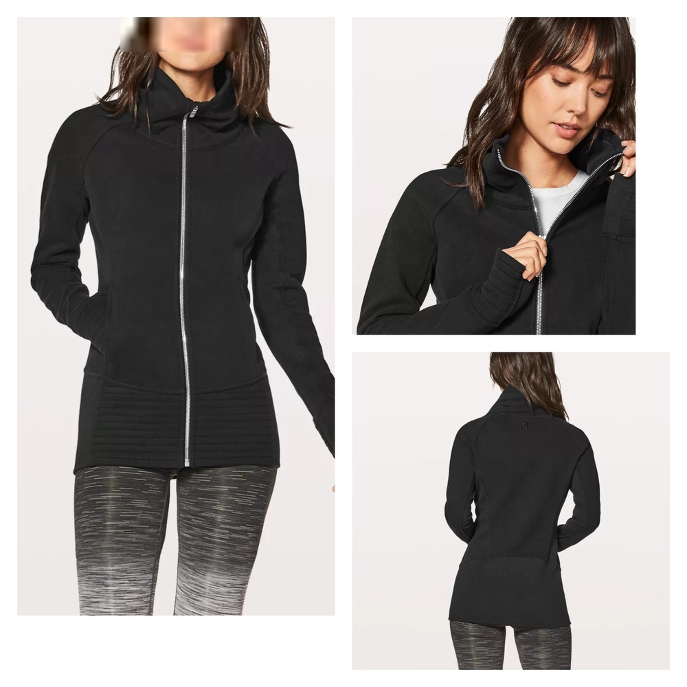 Lululemon Radiant Jacket II Womens 12 Black Moto Ribbed Full Zip Thumb-Holes